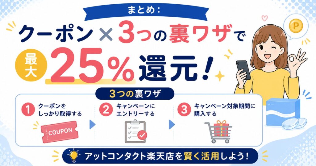 まとめ：クーポン×3つの裏ワザで最大25%還元！アットコンタクト楽天店を賢く活用しよう