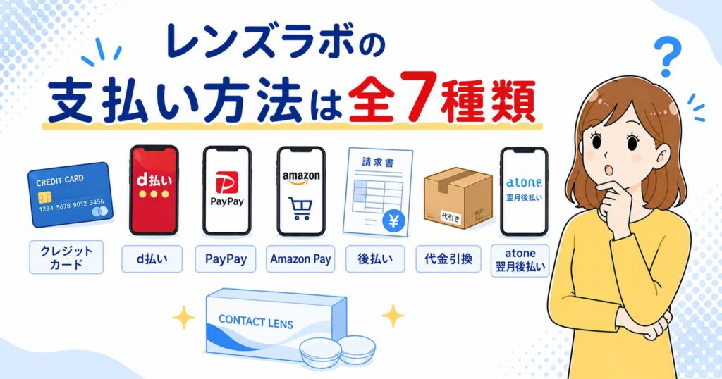 レンズラボの支払い方法は全7種類（クレジットカード・d払い・PayPay・AmazonPay・代金引換・後払い・atone翌月後払い）