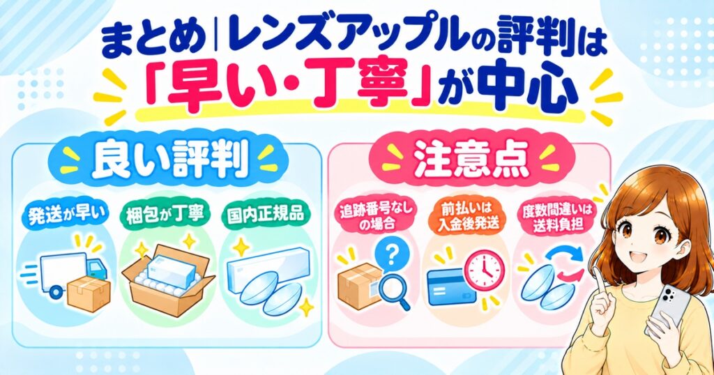 レンズアップルの評判まとめの図解（良い評判は発送が早い・梱包が丁寧・国内正規品、注意点は追跡番号なし・前払いは入金後発送・度数間違いは送料負担）