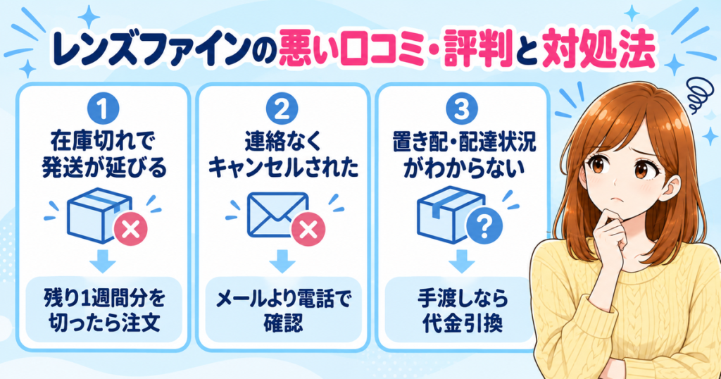 レンズファインの悪い口コミ3つと対処法(在庫切れで発送が延びる・連絡なくキャンセル・置き配や配達状況がわからない)