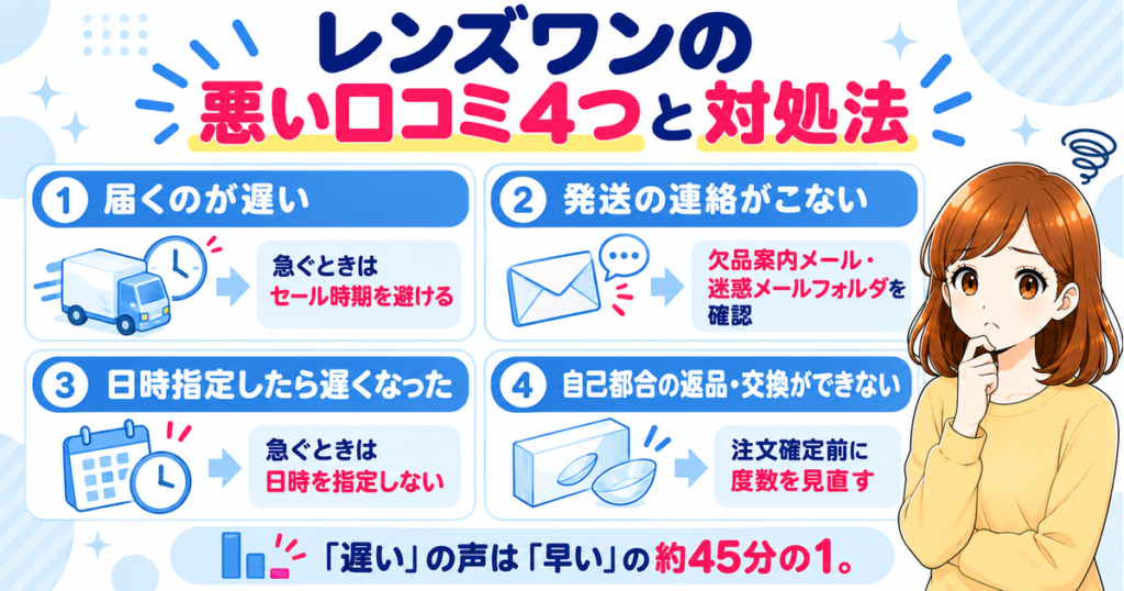 レンズワンの悪い口コミ4つと対処法（遅い・連絡がこない・日時指定・返品不可）