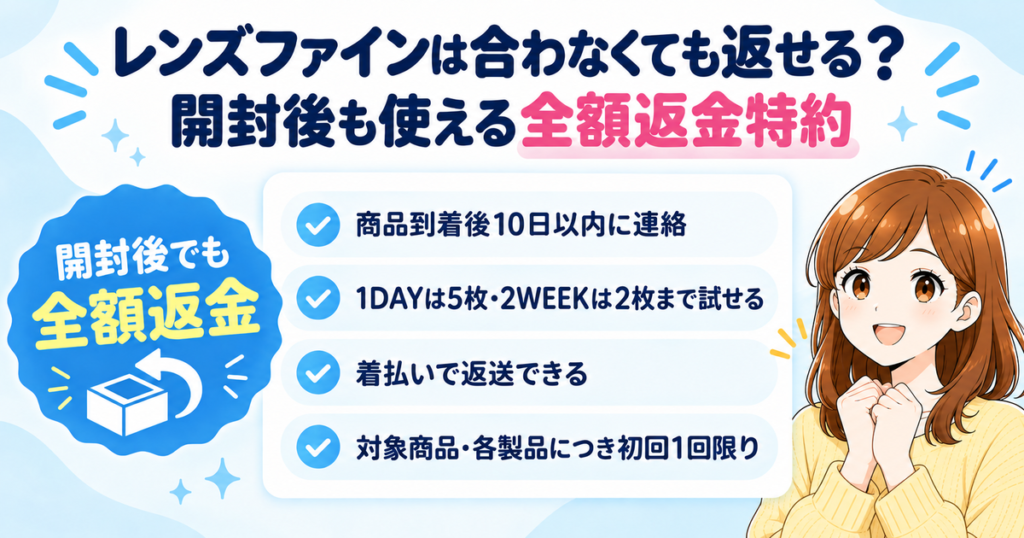 レンズファインの全額返金特約の条件(到着後10日以内・1DAYは5枚/2WEEKは2枚まで・着払いで返送)