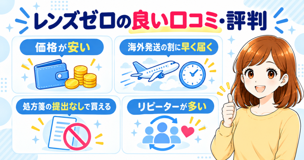 レンズゼロの良い口コミ・評判（価格が安い・海外発送の割に早く届く・処方箋の提出なしで買える・リピーターが多い）
