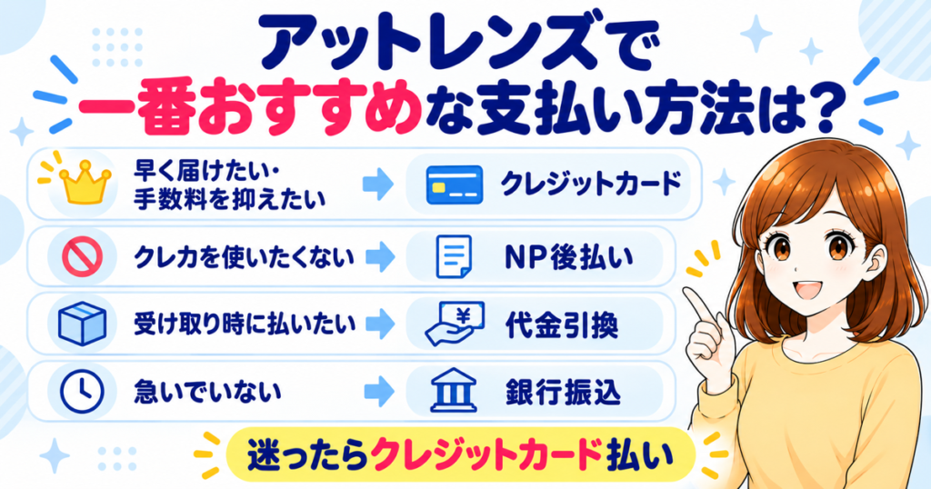 アットレンズでおすすめの支払い方法（早く届けたい・手数料を抑えたいならクレジットカード、クレカを使いたくないならNP後払い、受け取り時に払いたいなら代金引換、急いでいないなら銀行振込、迷ったらクレジットカード払い）