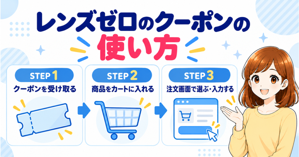 レンズゼロのクーポンの使い方3ステップ（受け取る→カートに入れる→注文画面で選ぶ・入力する）