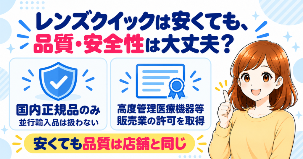 レンズクイックは安くても品質・安全性は大丈夫（国内正規品のみで並行輸入品は扱わない・高度管理医療機器等販売業の許可を取得・安くても品質は店舗と同じ）