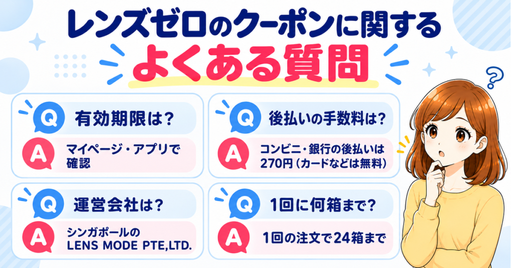 レンズゼロのクーポンに関するよくある質問（有効期限はマイページ・アプリで確認／後払い手数料270円・カードなどは無料／運営はシンガポールのLENS MODE PTE,LTD.／1回の注文は24箱まで）